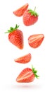 Cut strawberries levitation isolated on white Royalty Free Stock Photo