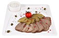 Cut thin slices of boiled beef tongue with horseradish,