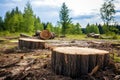 cut tree stumps in a deforested area Royalty Free Stock Photo