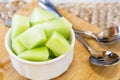 Cut Up Honeydew Melon On Wood Cutting Board With Spoons Royalty Free Stock Photo
