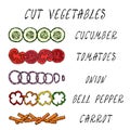 Cut Vegetable Set. Cucumber, Tomato, Onion Rings, Bell Pepper, Carrot. Coocing Ingredients. Fresh Harvest. Food