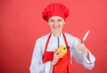 Cut vegetables like chef. Woman professional chef hold sharp knife. Ways to chop food like pro. Knife skills concept