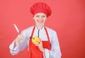 Cut vegetables like chef. Woman professional chef hold sharp knife. Ways to chop food like pro. Knife skills concept