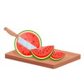 Cut watermelon isometric 3d chop with chef knife on wooden board, water melon slices