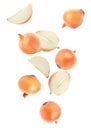 Cut and whole onion bulbs falling on background