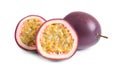 Cut and whole passion fruits isolated on white Royalty Free Stock Photo