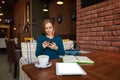 Cut woman lawyer is using digital table, Royalty Free Stock Photo