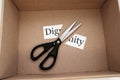 The cut word dignity came in the mail in a box Royalty Free Stock Photo