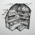 Cutaway drawing of a bunker with multiple levels underground. The structure features Royalty Free Stock Photo