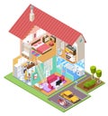 Cutaway house isometric. Housing construction cross section with kitchen bedroom bathroom interior. 3d vector house