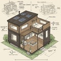 Cutaway illustration of a modern, smart tiny house concept. The two-story structure Royalty Free Stock Photo
