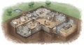 Cutaway illustration of an underground bunker, showcasing various rooms and living Royalty Free Stock Photo