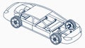 A cutaway line drawing of a car\'s frame and interior, vector design Generative AI Royalty Free Stock Photo