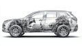 Cutaway rendering of a generic SUV, viewed from above and isolated on white, is presented in a ghost effect. Royalty Free Stock Photo