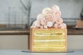 Cutaway sponge cake. Peach-colored cake decorated with meringue