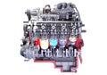 Cutaway V8 Car Engine with sectioned Ignition 3D rendering on white background