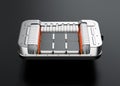 Cutaway view of electric vehicle battery pack on black background