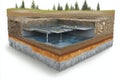 Cutaway view of groundwater layers with detailed aquifers and soil composition visualizing water resources and geoscience in a