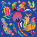 Cute abstract Australian animals, flowers and leaves. Vector illustration