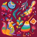 Cute abstract Australian animals, flowers and leaves. Vector illustration