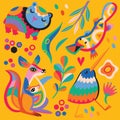 Cute abstract Australian animals, flowers and leaves. Vector illustration