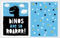 Cute Abstract Black Dinosaur Theme Vector Illustration Set. Black Dino`s Head on a Blue Background.