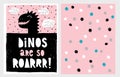 Cute Abstract Black Dinosaur Theme Vector Illustration Set. Black Dino`s Head on a Pink Background.
