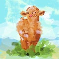 Cute Abstract Brown Cow Watercolor Illustration with Abstract Grass and Sky Royalty Free Stock Photo