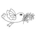 Cartoon doodle flying dove bird, pigeon with olive