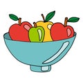 Doodle fruits in the vase. Apples in the bowl