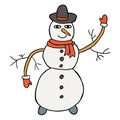 Thin line smiling doodle snowman with hat and carrot isolated on white. Royalty Free Stock Photo