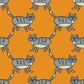 Cartoon doodle cat seamless pattern. Walking Pet