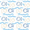 Cute colorful cartoon doodle fish in childlike style seamless pattern.