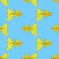 Cute colorful cartoon gold fish in doodle style seamless pattern