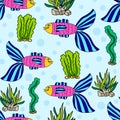 Cute colorful cartoon gold fish in doodle style seamless pattern. Tropical ocean life. Royalty Free Stock Photo