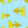 Cute colorful cartoon gold fish in doodle style seamless pattern.