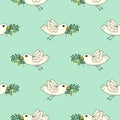 Cartoon doodle flying dove bird, pigeon with olive branch seamless pattern.