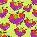 Doodle seamless pattern with fruits in the vase.