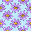 Groovy Smiley Flower. Hippie seamless pattern . Positive 70s retro smiling daisy