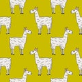 Cute cartoon doodle llama seamless pattern. Mammal animal background.