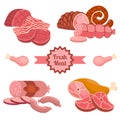 Cartoon fresh meat products compositions in flat style. Royalty Free Stock Photo