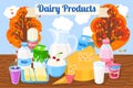 Cute cartoon dairy products composition in flat style. Milk and kefir, yogurt and cottage cheese