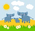 Cute cartoon happy family of elephants basking in the sun on a lawn with grass and daisies Royalty Free Stock Photo