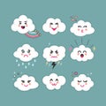 Cute abstract clouds emoji icons set with different expressions on blue Royalty Free Stock Photo