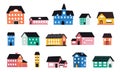 Cute abstract houses set. Funny flat doodle city and town buildings with tiny roofs, cottage facades with windows and