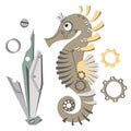 Cute abstract metal sea horse and seaweed, gear wheels, metal part, nails. Mechanical seahorse. Steampunk style. Cartoon design