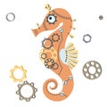 Cute abstract sea horse with gear wheels, metal detail. Mechanical seahorse. Steampunk style. Cartoon design Royalty Free Stock Photo