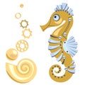 Cute abstract sea horse with golden shell, gear wheels. Fantastic mechanical seahorse. Steampunk style. Cartoon design