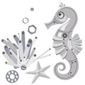 Cute abstract sea horse and starfish, coral, gear wheels. Mechanical metal seahorse. Steampunk style. Cartoon design