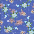 Cute abstract seamless pattern with small colorful flowers on the dark blue background. Summer floral vector Royalty Free Stock Photo